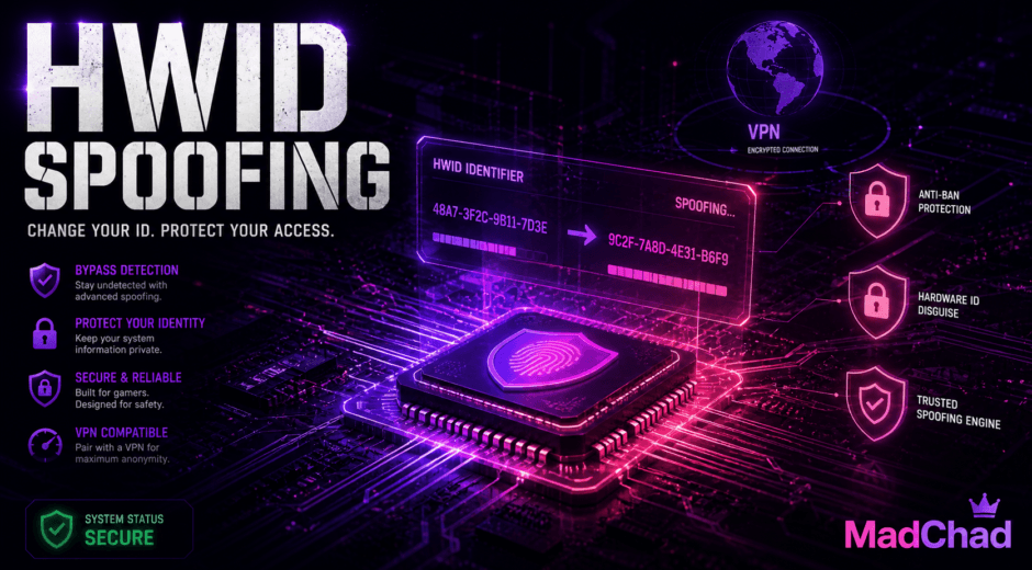 HWID spoofing powerful hardware ban protection guide showing hardware ID masking with VPN pairing for safe cheat usage in 2026