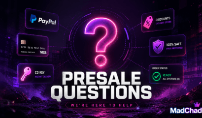 MadChad presale questions page covering payment options, instant key delivery, setup help, loyalty points discounts, and undetected cheat verification before buying