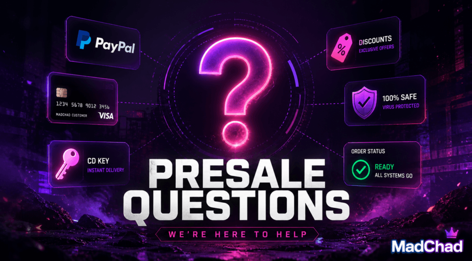 MadChad presale questions page covering payment options, instant key delivery, setup help, loyalty points discounts, and undetected cheat verification before buying